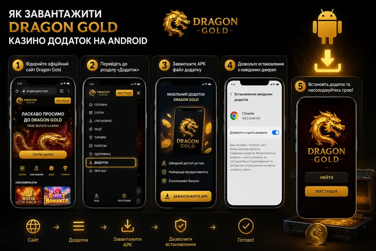 Екран завантаження APK-файлу Dragon Gold казино додатку на смартфоні Android