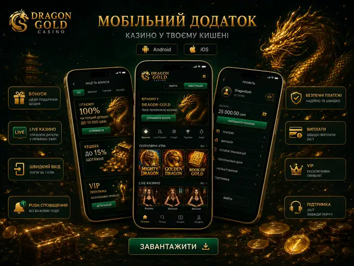 Мобільний застосунок Dragon Gold казино на екрані смартфона
