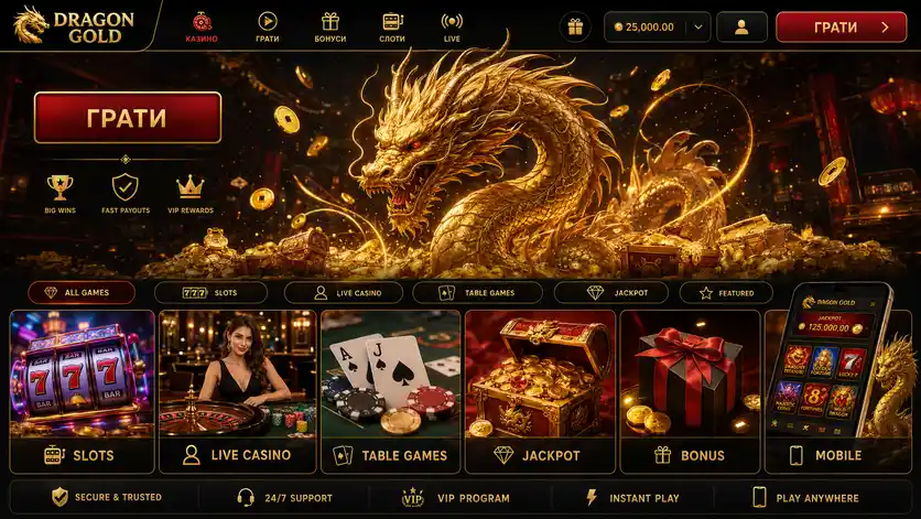 Головна сторінка Dragon Gold казино з каталогом слотів