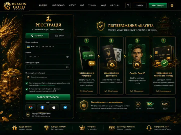 Форма реєстрації та кроки верифікації акаунта в Dragon Gold казино